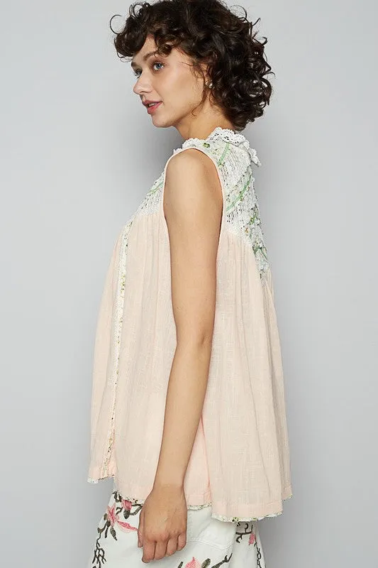 POL Lace Detail Floral Sleeveless Rayon Gauze Top sold by Charming Charlie product image thumbnail 3