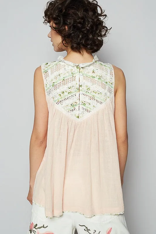 POL Lace Detail Floral Sleeveless Rayon Gauze Top sold by Charming Charlie product image thumbnail 4