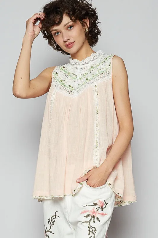 POL Lace Detail Floral Sleeveless Rayon Gauze Top sold by Charming Charlie