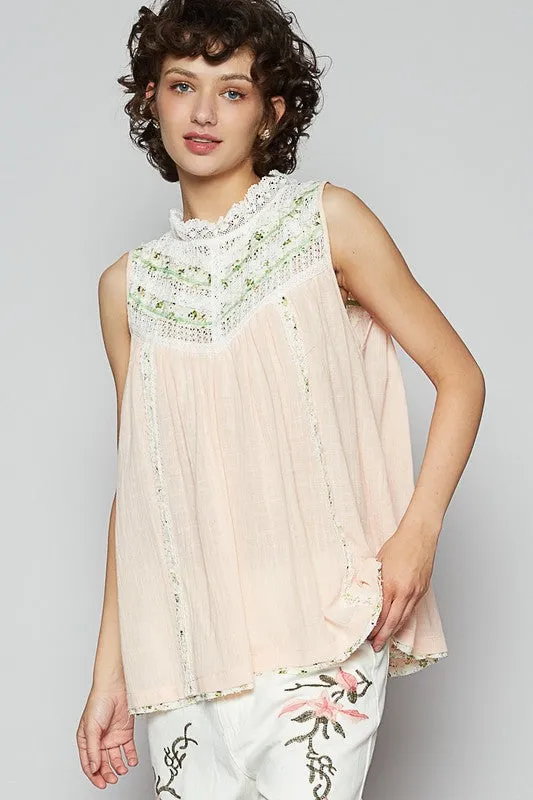POL Lace Detail Floral Sleeveless Rayon Gauze Top sold by Charming Charlie product image thumbnail 2