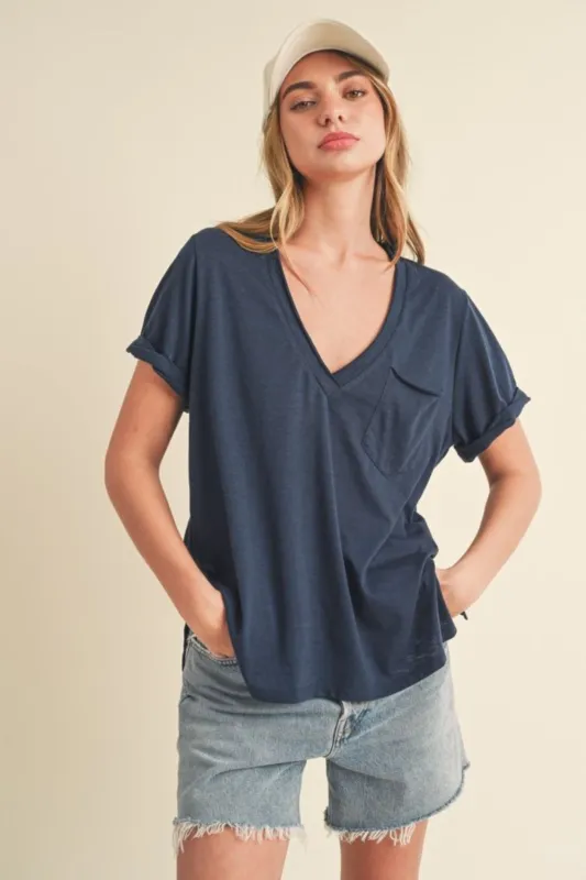 Aemi + Co Side Slit V-Neck Short Rolled Sleeve T-Shirt sold by Charming Charlie