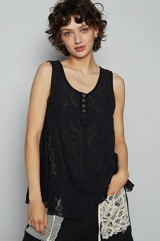 POL Crochet Lace Mix Button Detail Round Neck Tank sold by Charming Charlie
