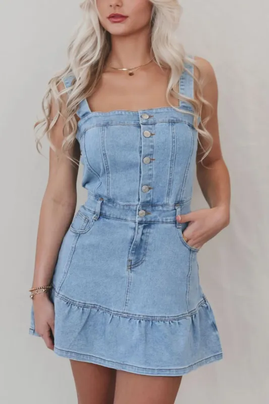 Ruffled Hem Button Front Square Neck Denim Dress sold by Charming Charlie