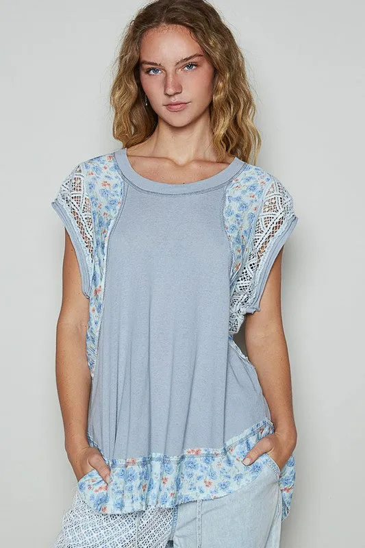 POL Floral Frayed Hem Crochet Cap Sleeve Top sold by Charming Charlie