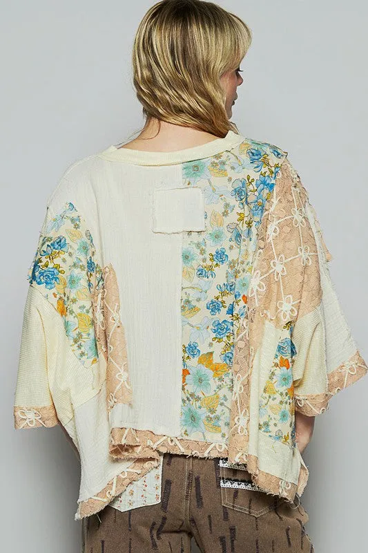 POL Floral Lace Patch Round Neck Double Gauze Top sold by Charming Charlie product image thumbnail 4