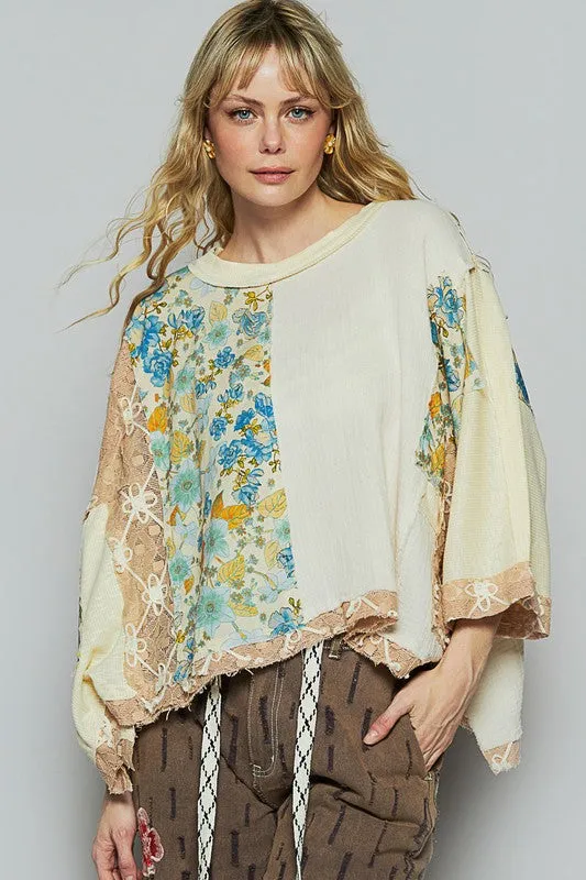 POL Floral Lace Patch Round Neck Double Gauze Top sold by Charming Charlie