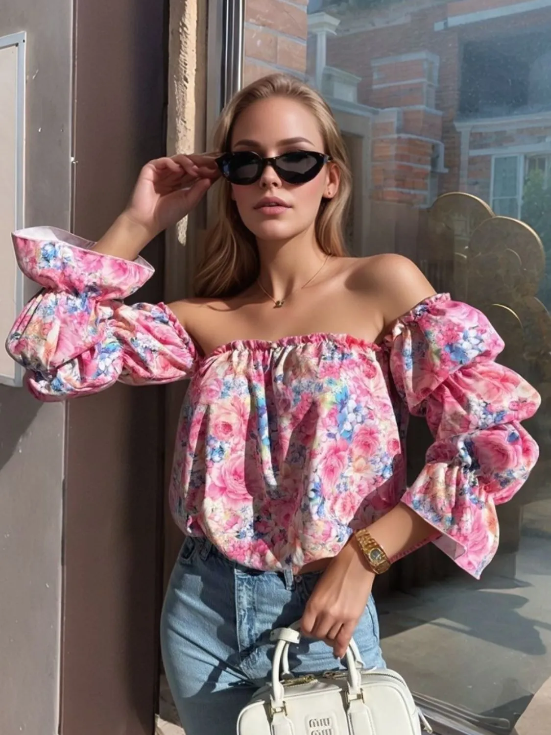 Printed Off-Shoulder Flounce Sleeve Blouse sold by Charming Charlie