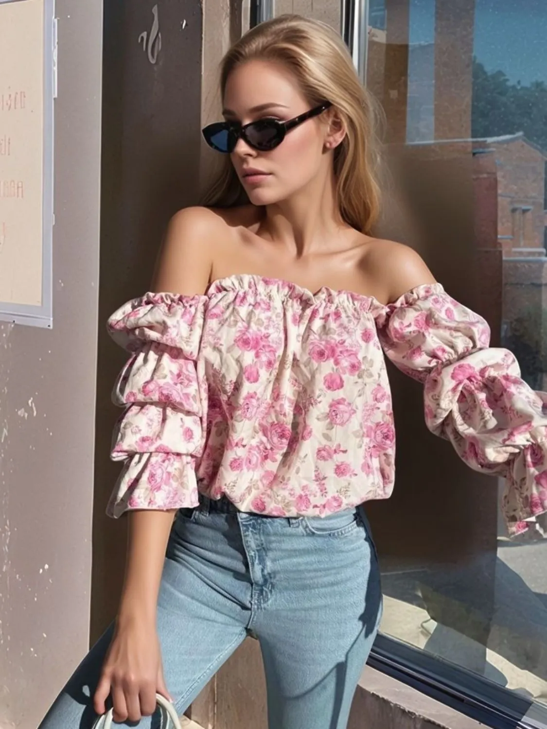 Printed Off-Shoulder Flounce Sleeve Blouse sold by Charming Charlie product image thumbnail 4