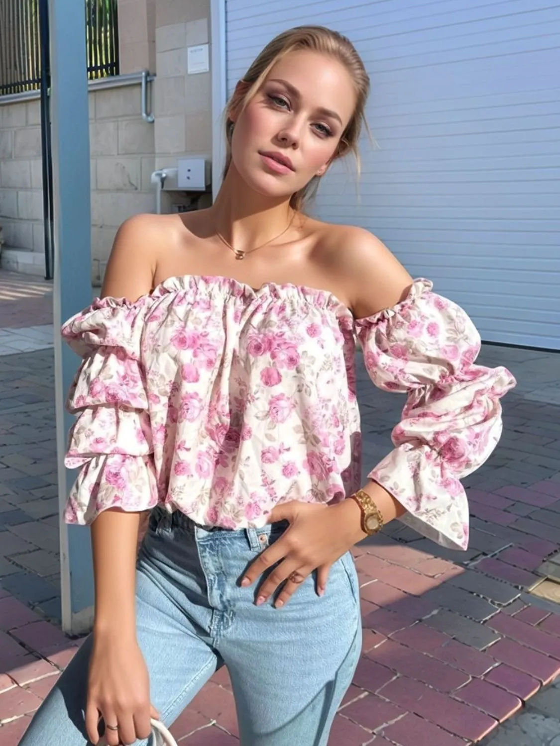 Printed Off-Shoulder Flounce Sleeve Blouse sold by Charming Charlie product image thumbnail 5