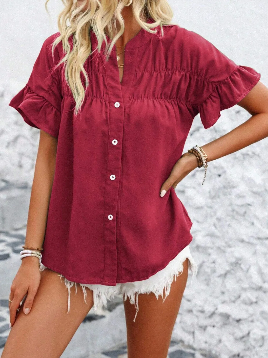 Button Down Ruffled Short Sleeve Shirt sold by Charming Charlie product image thumbnail 4