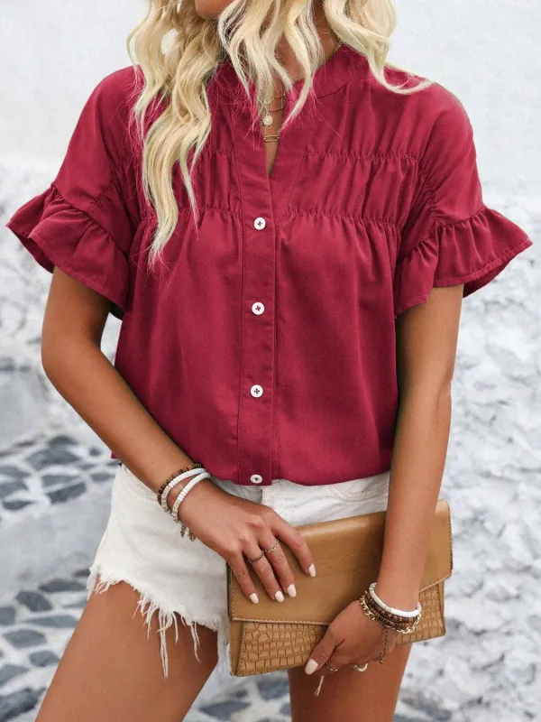 Button Down Ruffled Short Sleeve Shirt sold by Charming Charlie