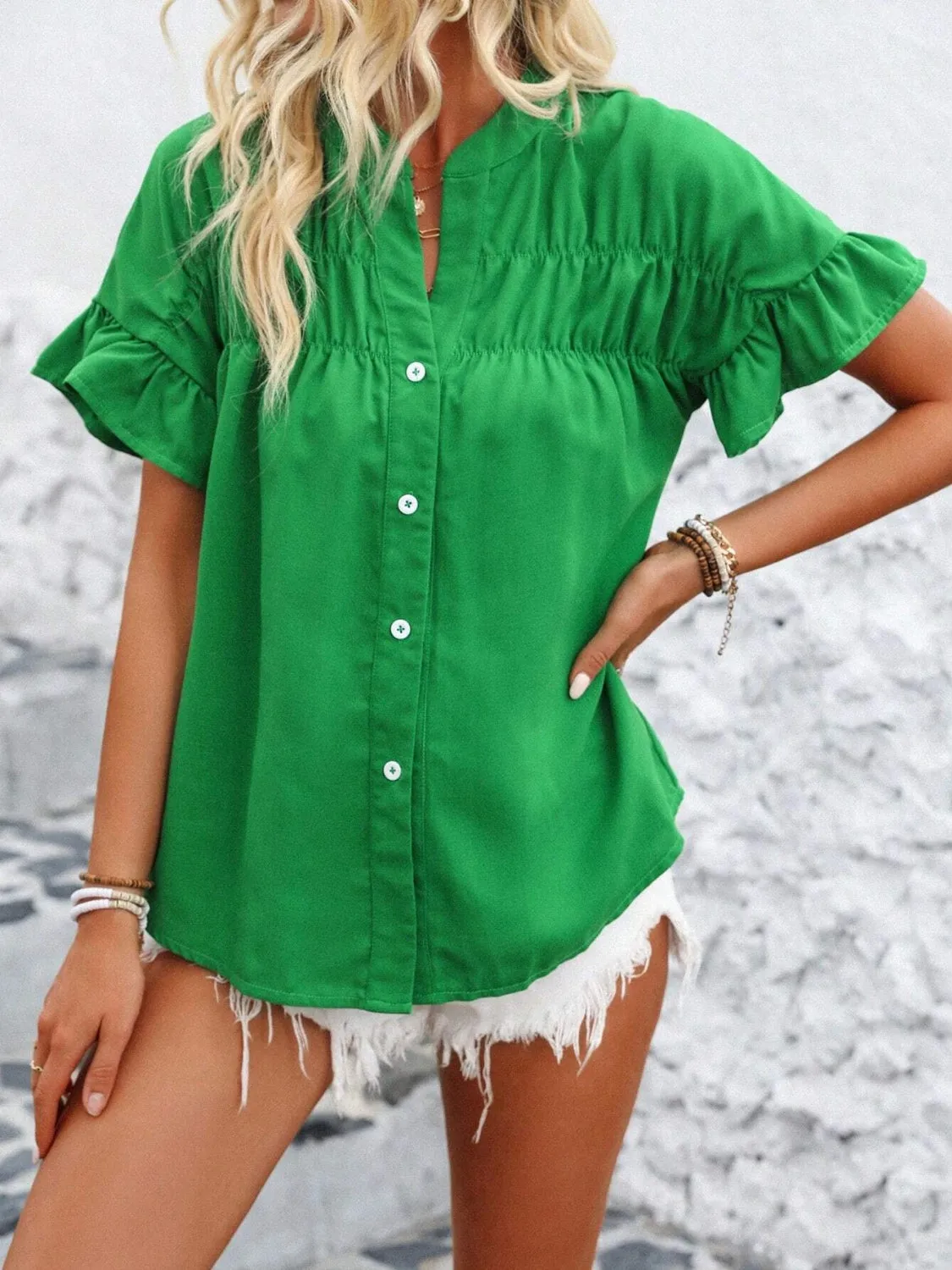 Button Down Ruffled Short Sleeve Shirt sold by Charming Charlie product image thumbnail 5