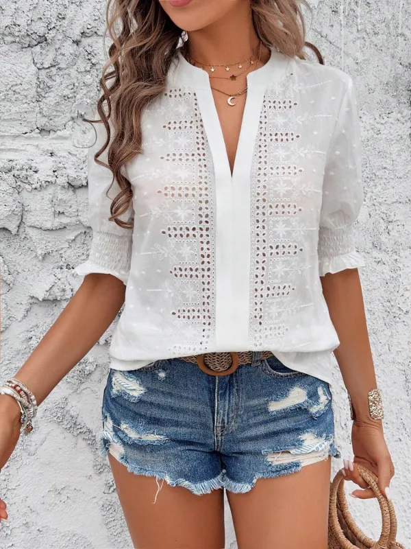 Eyelet Notched Flounce Sleeve Blouse sold by Charming Charlie