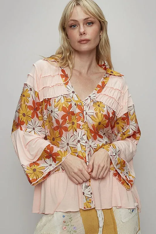 POL Frill Floral Johnny Collar Shirring Raglan Sleeve Shirt sold by Charming Charlie