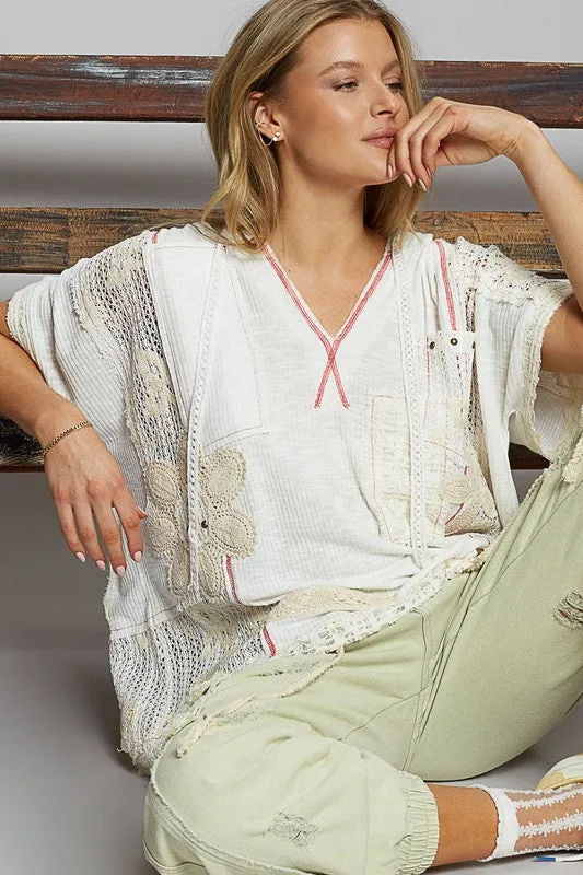 POL Lace Patchwork Half Sleeve Hooded Top sold by Charming Charlie product image thumbnail 2