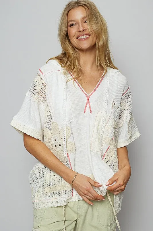 POL Lace Patchwork Half Sleeve Hooded Top sold by Charming Charlie product image thumbnail 3