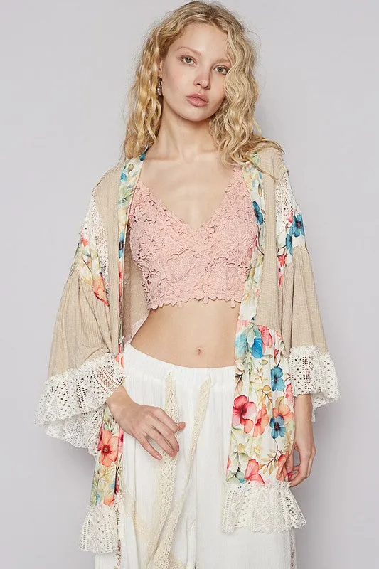 POL Floral Crochet Detail Open Front 3/4 Sleeve Cardigan sold by Charming Charlie