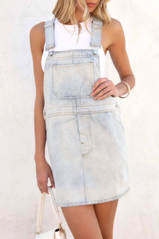 Square Neck Adjustable Strap Denim Overall Dress sold by Charming Charlie