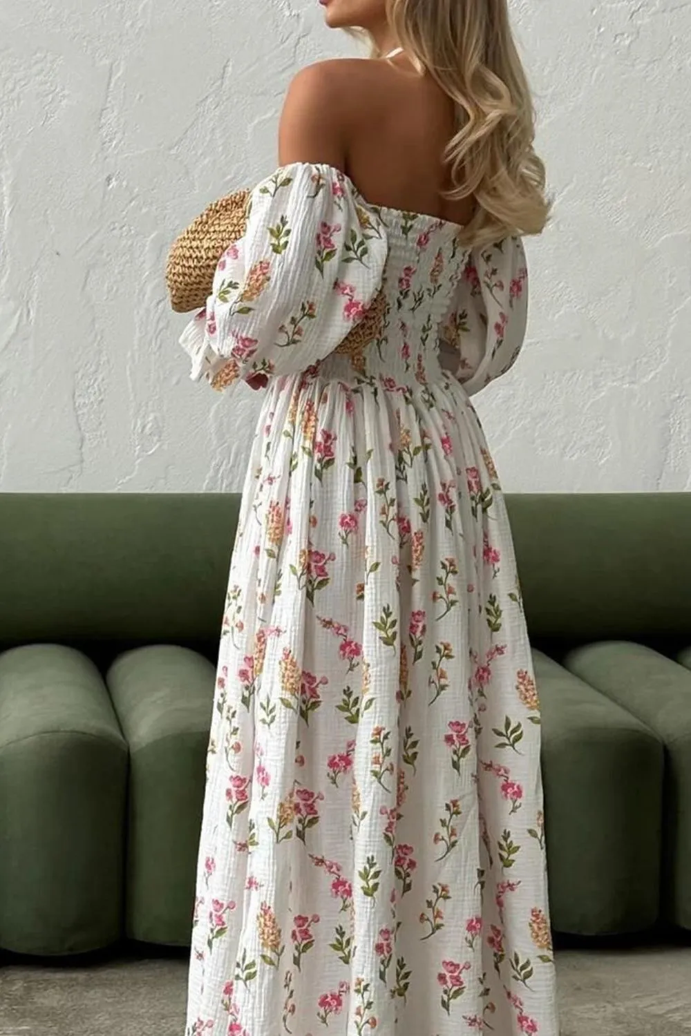 Printed Off Shoulder Smocked Flounce Sleeve Maxi Dress sold by Charming Charlie product image thumbnail 2