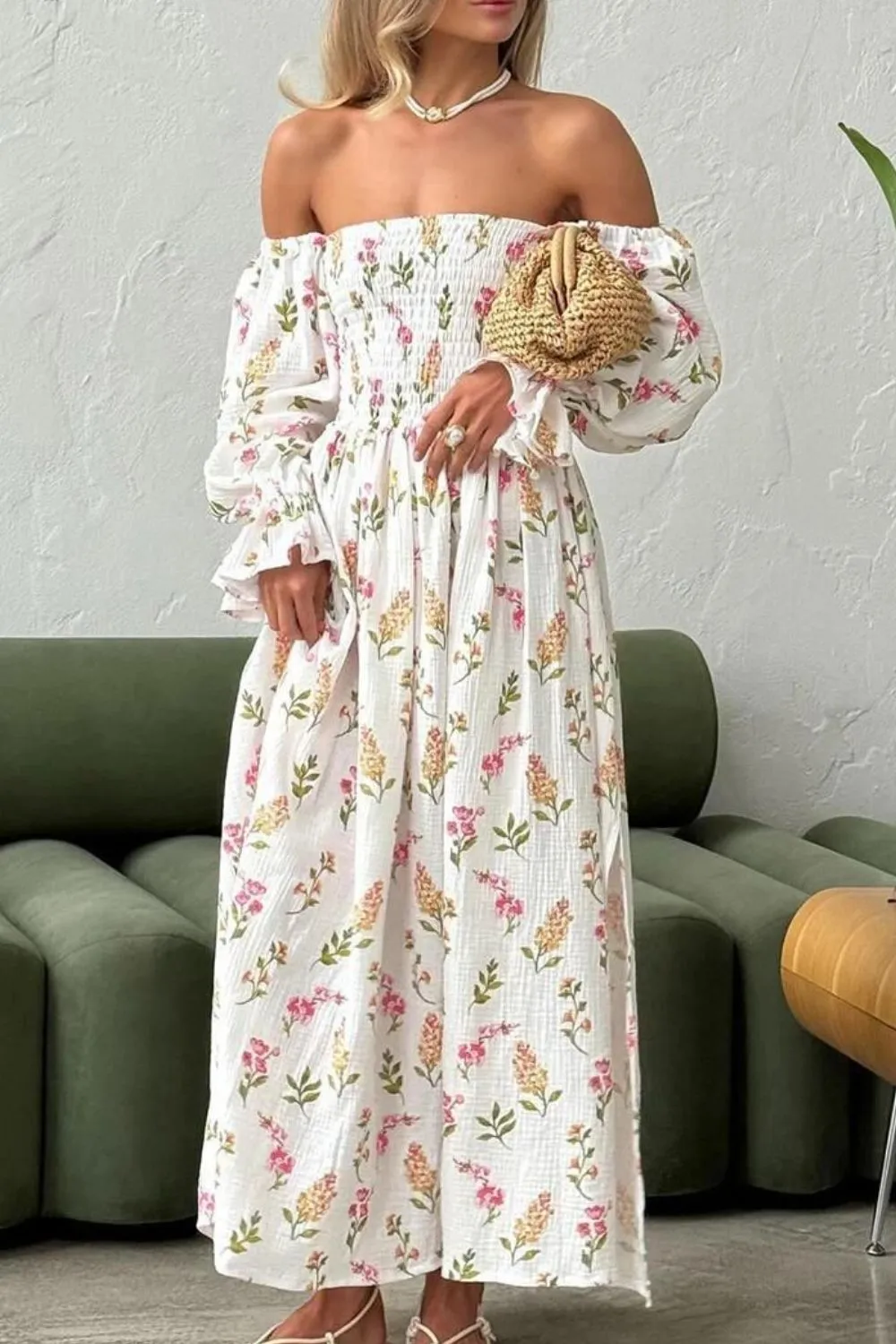 Printed Off Shoulder Smocked Flounce Sleeve Maxi Dress sold by Charming Charlie