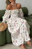 Printed Off Shoulder Smocked Flounce Sleeve Maxi Dress sold by Charming Charlie