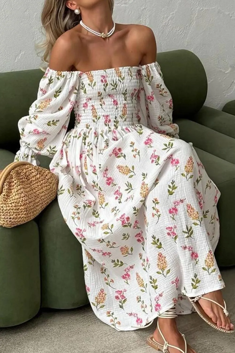 Printed Off Shoulder Smocked Flounce Sleeve Maxi Dress sold by Charming Charlie product image thumbnail 3