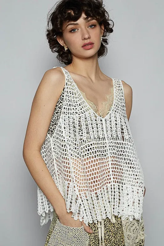 POL V-Neck Sleeveless Woven Crochet Knit Cover Up sold by Charming Charlie