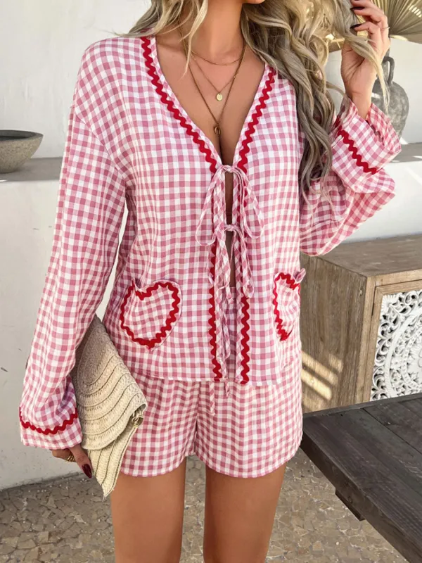 Devine Tie Front Contrast Plaid Shirt and Shorts Set sold by Charming Charlie