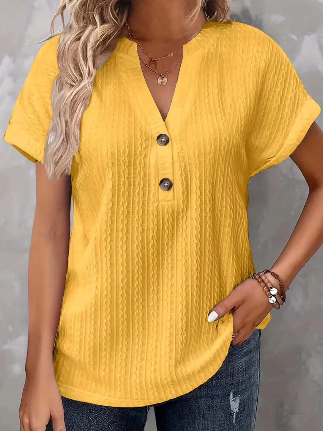 Textured Notched Short Sleeve Top sold by Charming Charlie product image thumbnail 4