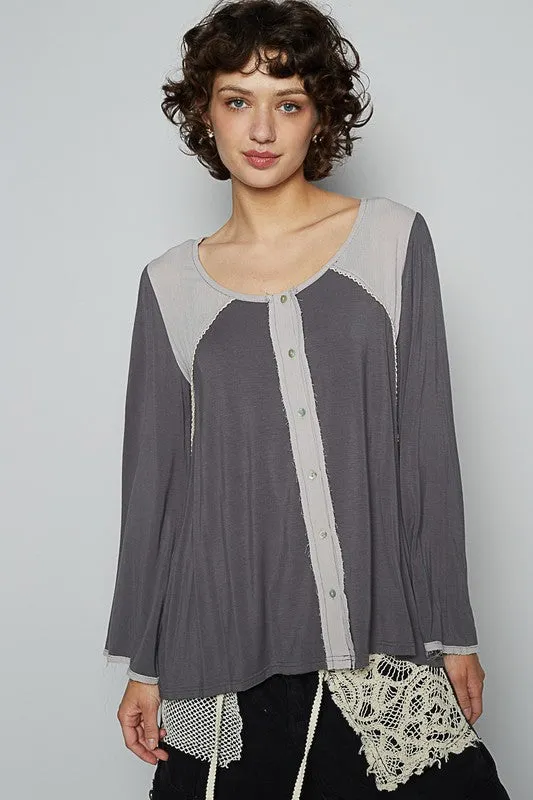 POL Contrast Button Front Long Sleeve Knit Top sold by Charming Charlie