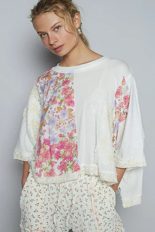POL Floral Lace Patch Round Neck Double Gauze Top sold by Charming Charlie product image thumbnail 2