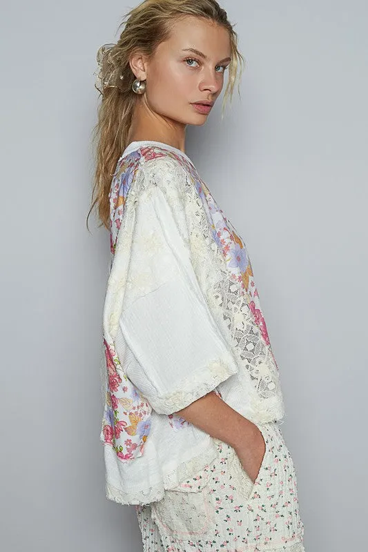POL Floral Lace Patch Round Neck Double Gauze Top sold by Charming Charlie product image thumbnail 3