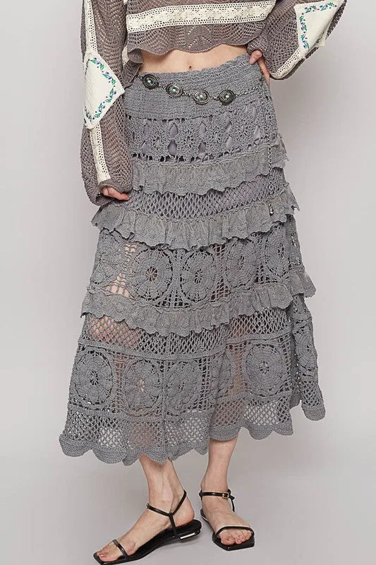 POL Crochet Lace Ruffled Midi Skirt sold by Charming Charlie