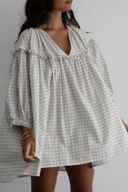 Frill Plaid Notched Balloon Sleeve Mini Dress sold by Charming Charlie
