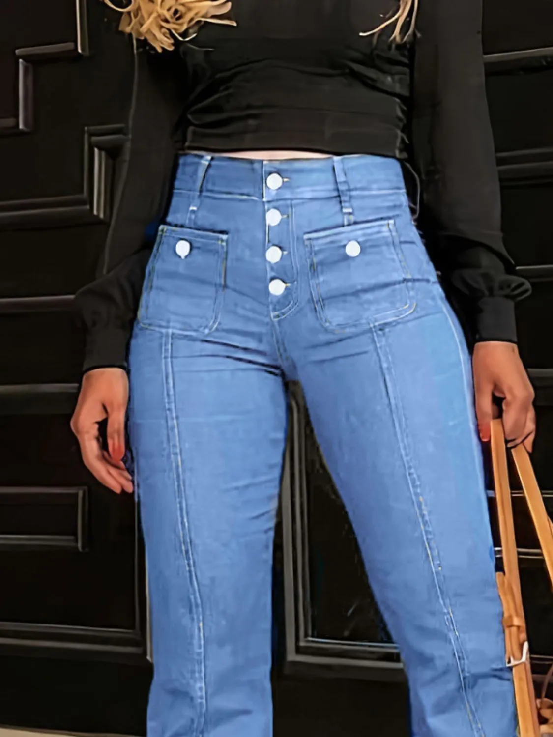 Button Fly High Waist Flare Jeans sold by Charming Charlie product image thumbnail 3