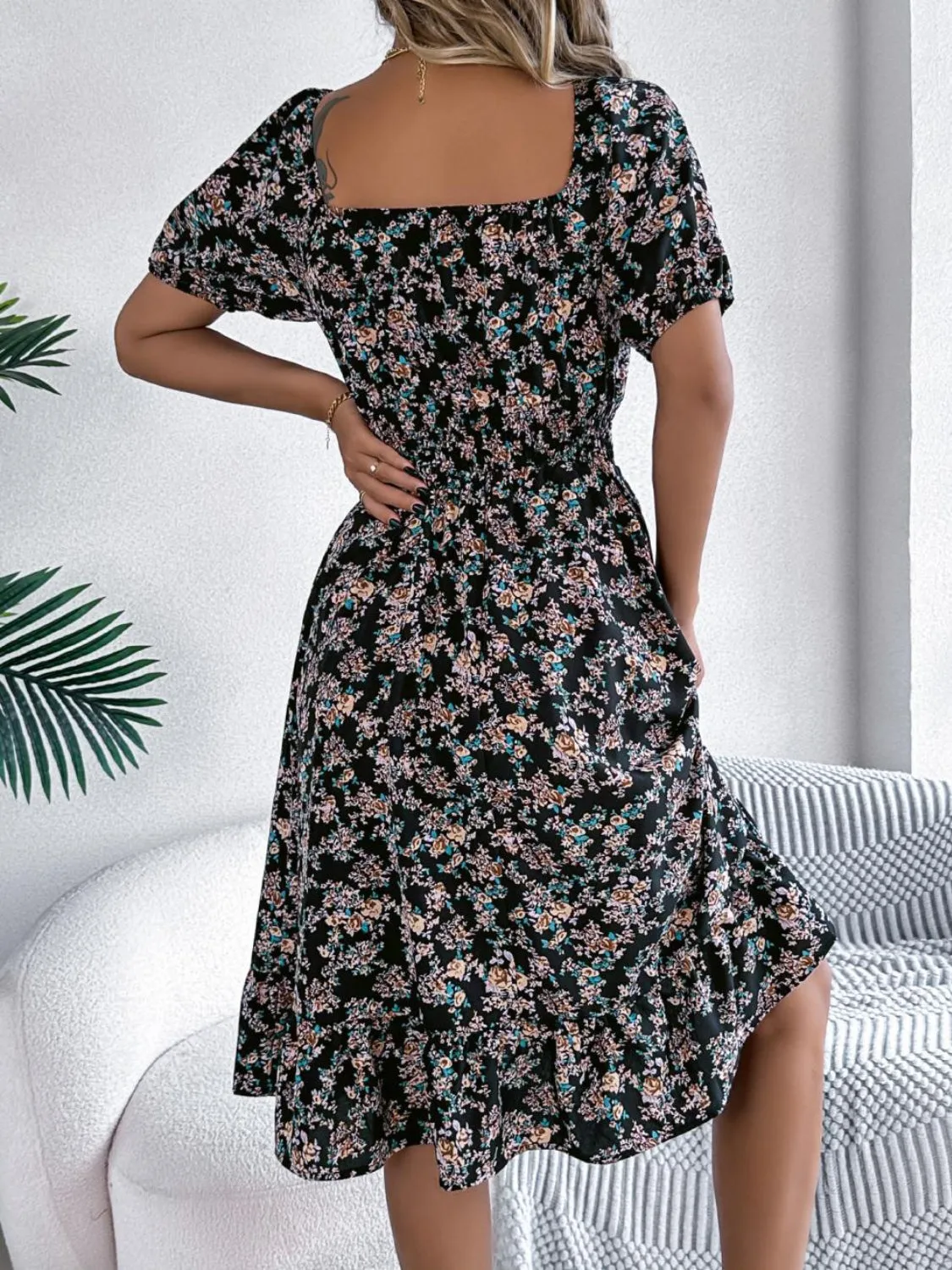 Ruffled Hem Smocked Printed Puff Sleeve Dress sold by Charming Charlie product image thumbnail 3