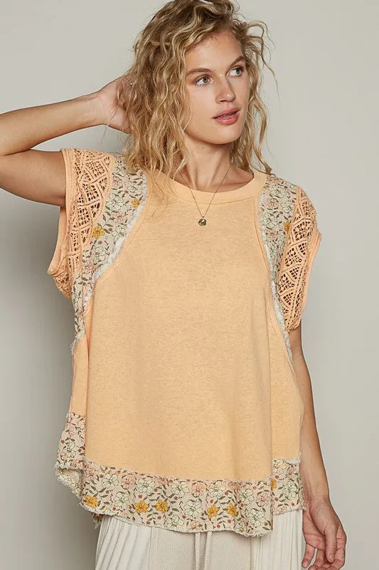POL Floral Frayed Hem Crochet Cap Sleeve Top sold by Charming Charlie