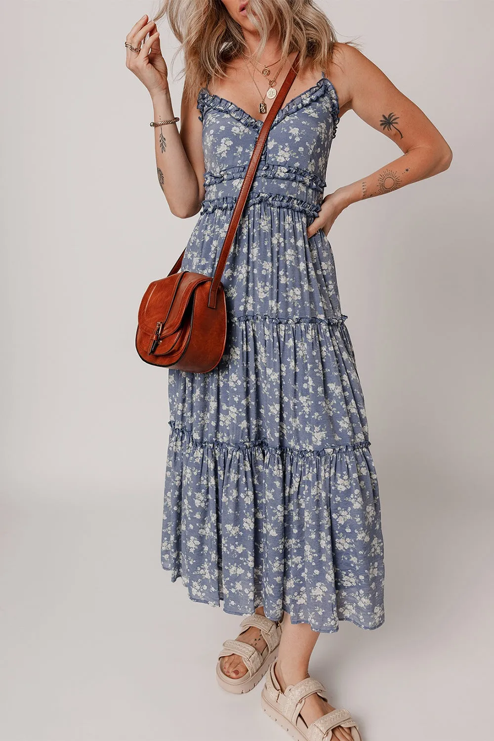 Floral Spaghetti Strap Frilled V Neck Tiered Midi Dress sold by Charming Charlie product image thumbnail 3