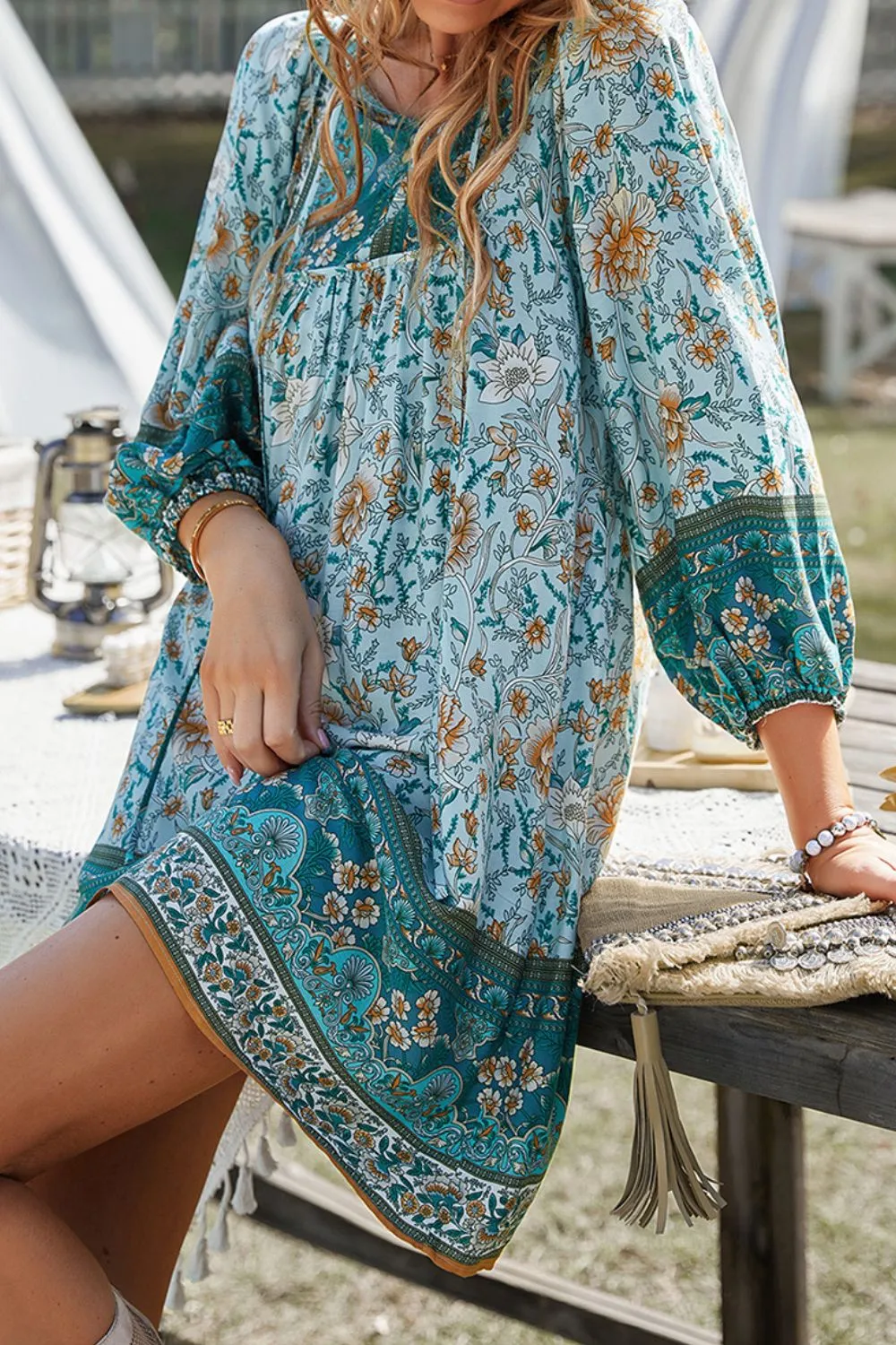 Devine Printed Tie Neck Mini Dress sold by Charming Charlie product image thumbnail 4