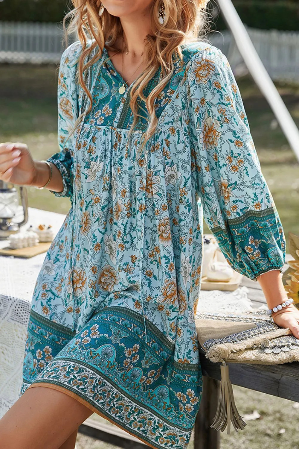 Devine Printed Tie Neck Mini Dress sold by Charming Charlie product image thumbnail 3