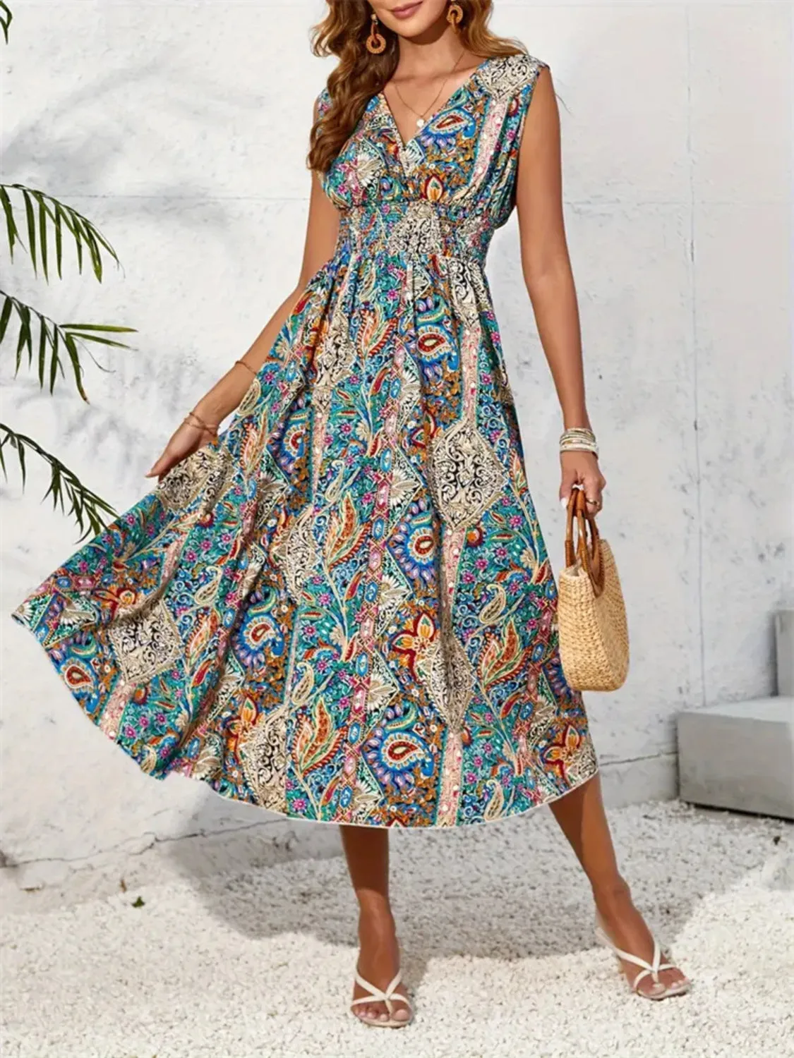 Smocked Printed Surplice Sleeveless Midi Dress sold by Charming Charlie product image thumbnail 4