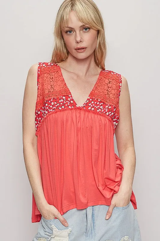 POL Lace Detail Frill Floral V-Neck Sleeveless Top sold by Charming Charlie