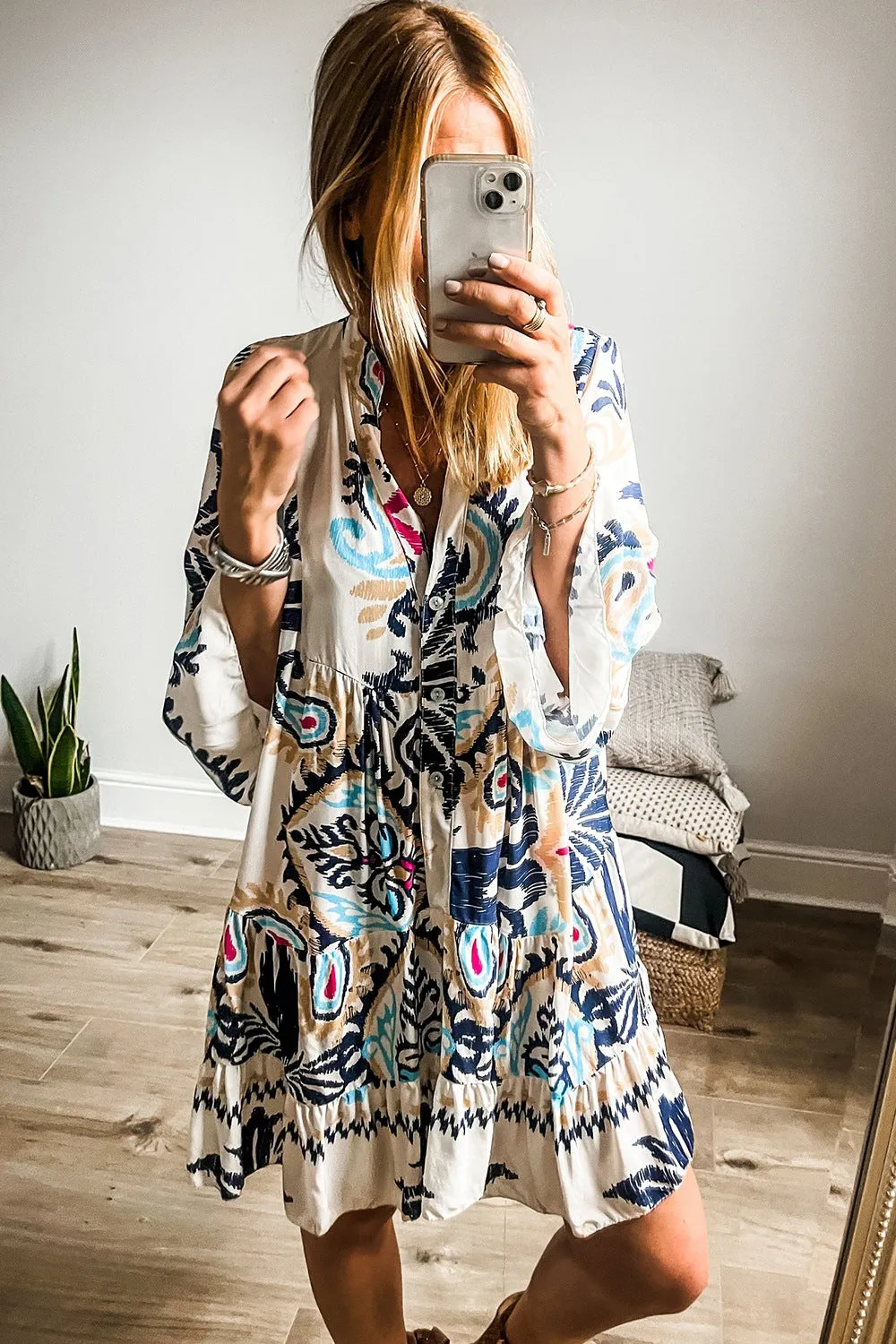 Printed Notched Three-Quarter Sleeve Mini Dress sold by Charming Charlie product image thumbnail 2