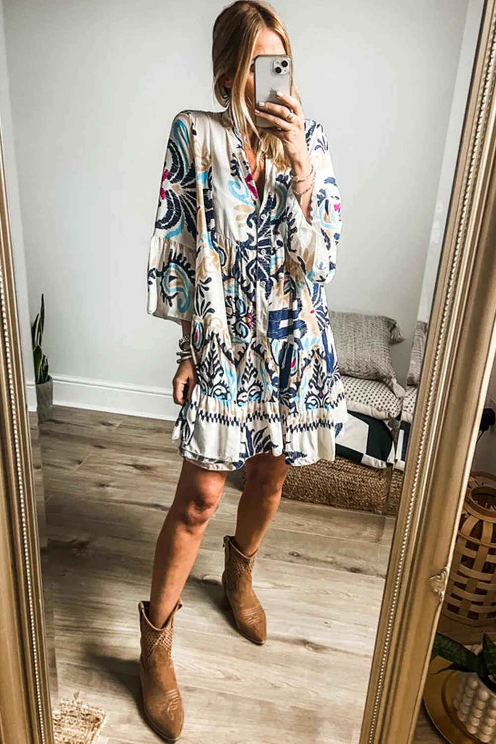 Printed Notched Three-Quarter Sleeve Mini Dress sold by Charming Charlie product image thumbnail 4