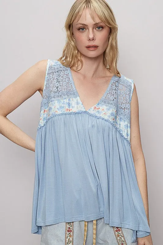 POL Lace Detail Frill Floral V-Neck Sleeveless Top sold by Charming Charlie