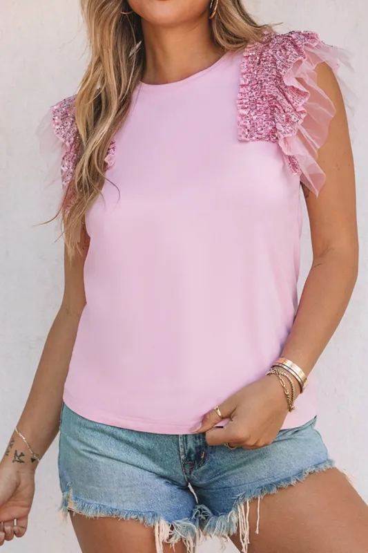 Sequined Ruffle Mesh Sleeves Top sold by Charming Charlie