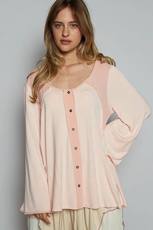 POL Contrast Button Front Long Sleeve Knit Top sold by Charming Charlie