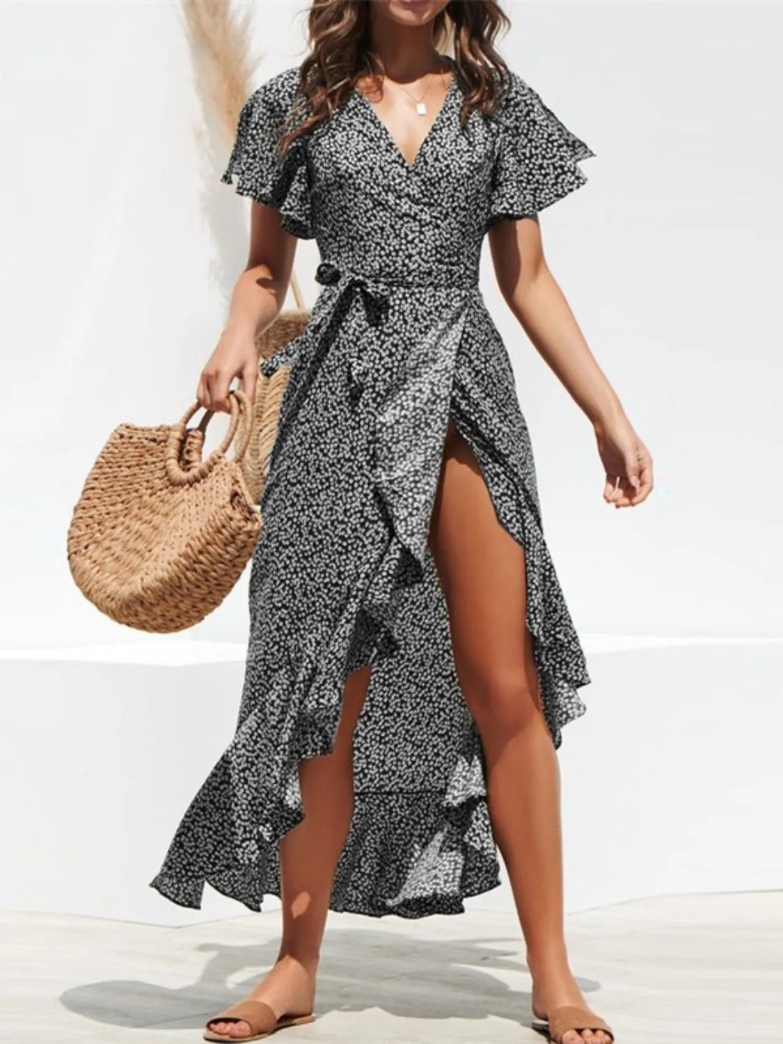 Tied Ruffled Printed Short Sleeve Midi Wrap Dress sold by Charming Charlie product image thumbnail 4