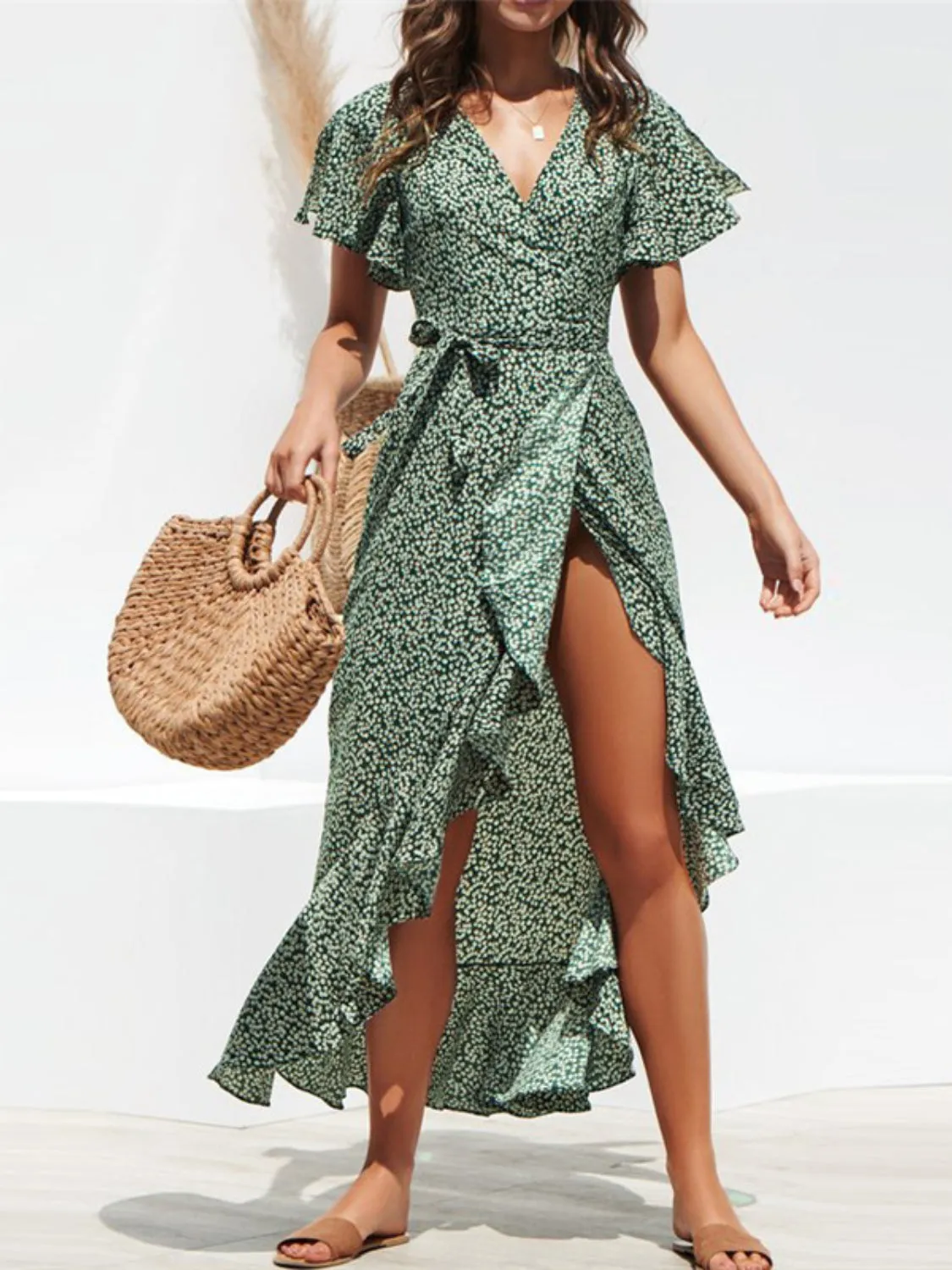 Tied Ruffled Printed Short Sleeve Midi Wrap Dress sold by Charming Charlie