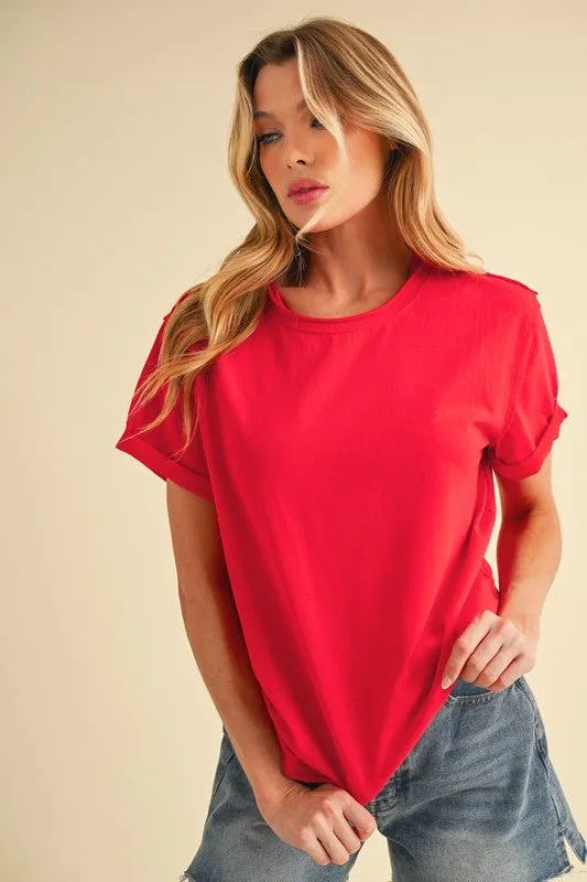 Aemi + Co Exposed Seam Round Neck Short Sleeve T-Shirt sold by Charming Charlie